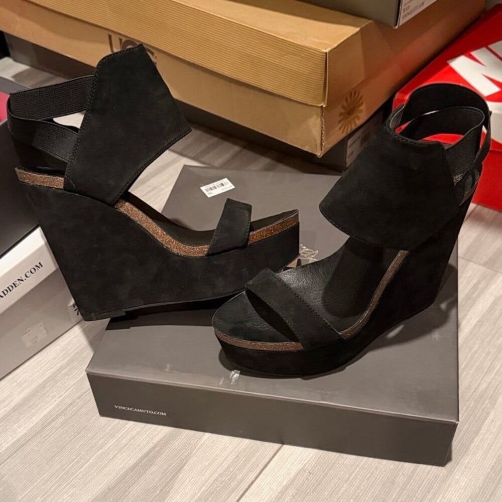 Vince Camuto Black Wedge Sandals - Women's Suede Platform Heels
